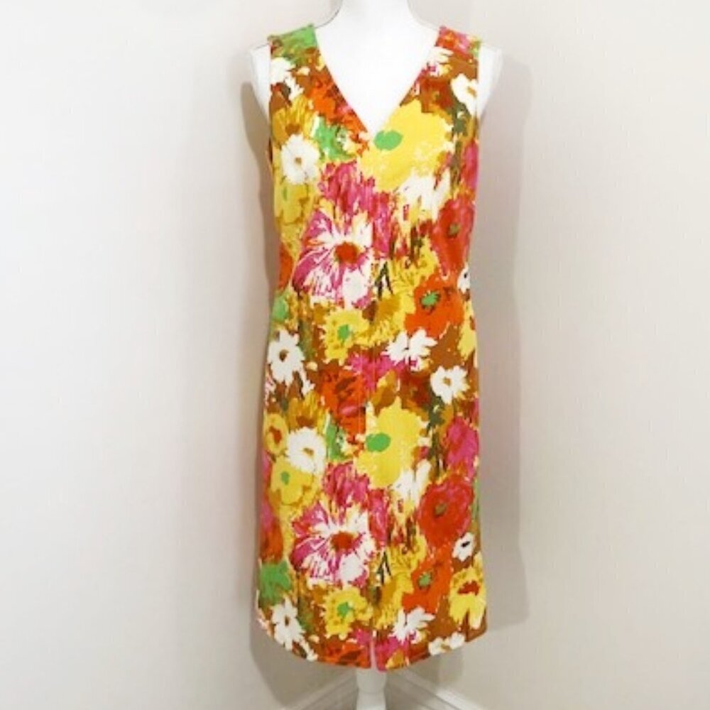 Talbots Yellow Orange Shift Dress Colorful Watercolor Floral Sleeveless V-Neck 4